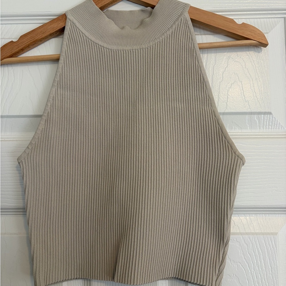 Babaton Ribbed Halter Tank Top in Light Beige